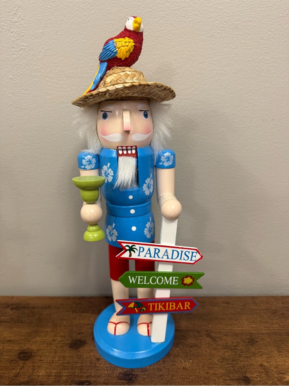14" Tropical Nutcracker Figurine with Parrot - Paradise Tiki Bar Decor